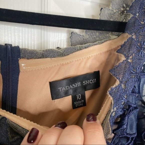 NWT Tadashi Shoji Navy Blue Nude Lace Off The Shoulder Maxi Dress Gown Size 10 - Picture 4 of 12